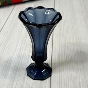 Vintage Blue Glass Vase Fluted Scalloped Edge‎ Pedestal Bud Vase Decor